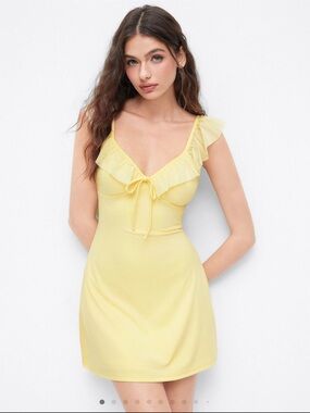 Butter Yellow Sweetheart Neck Ruffle Trim Mini Dress NWT